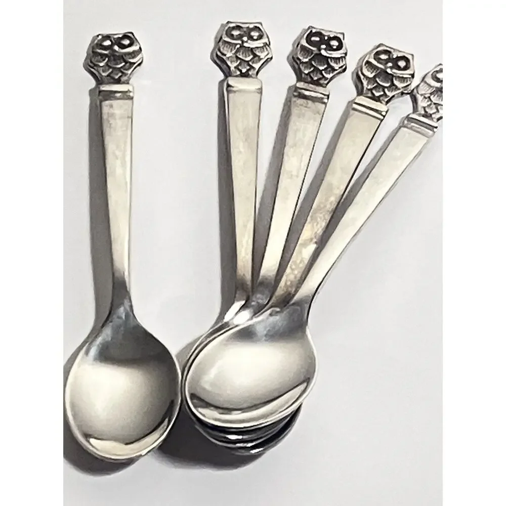 Vintage MCM Owl Spoon Set Of 6 Silver Plate Mid Century Retroneu Demitasse Size